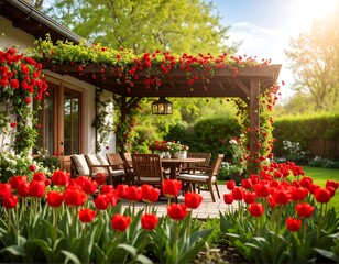 Fototapeta premium Sunlit patio scene with red roses & tulips