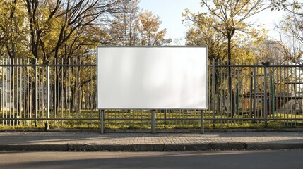 Obraz premium Eye-catching photo of large blank white poster with mockup space hanging on metal fence of play ground.