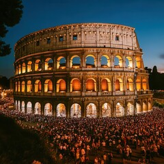 Roman Colosseum illuminated at night crowds in awe timetravel atmosphere