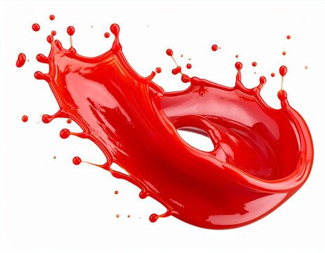 Glossy red paint splash in a dynamic swirling motion with droplets isolated on white.