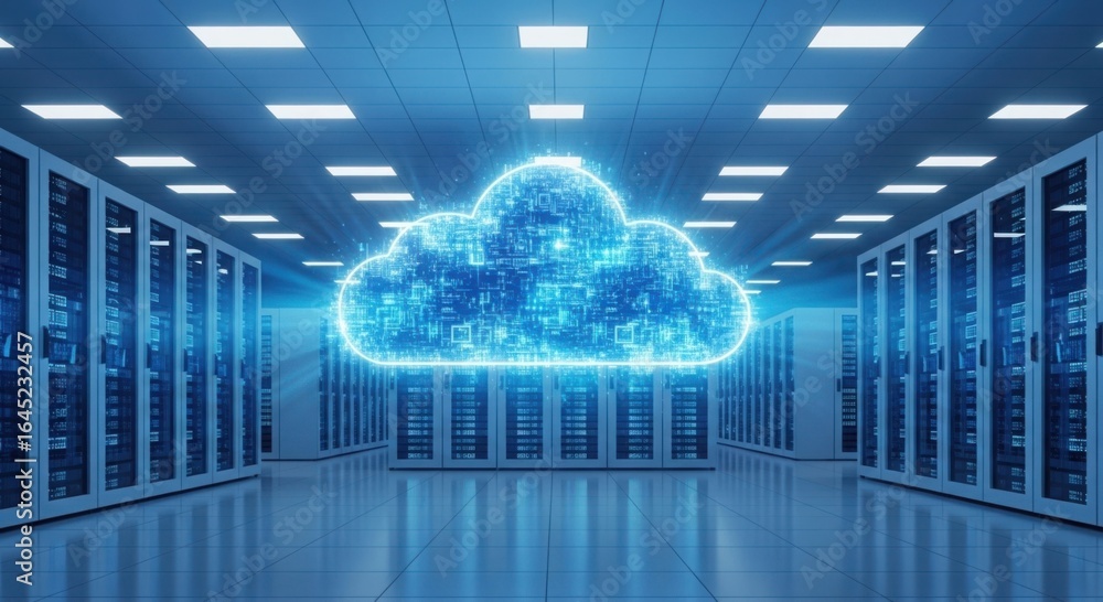 Aufkleber digital cloud computing symbol illuminates server room data center
