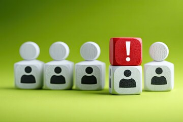 A red exclamation point cube stands out among a row of similar white cubes, each with a person icon