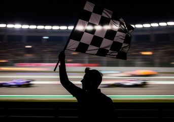 Silhouette of person waving checkered flag at nighttime car race