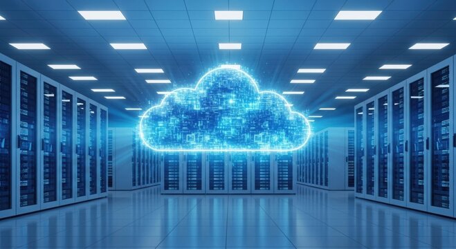 Digital cloud computing symbol illuminates server room data center