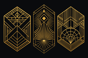 Elegant gold geometric art deco designs on a black background perfect for decorative artwork or design elements.