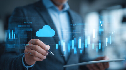 Cloud Computing Analytics: A professional utilizes a digital interface to analyze data represented by cloud symbols and charts. Business, technology.