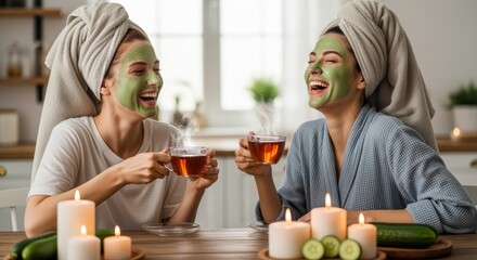 Two women enjoying spa day with face masks and tea