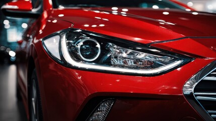 Fototapeta premium Eye-catching photo of modern red car headlight close-up in showroom, bright and sleek automotive design concept.