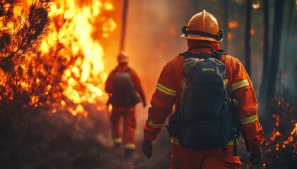 Firefighters battling a raging forest fire.