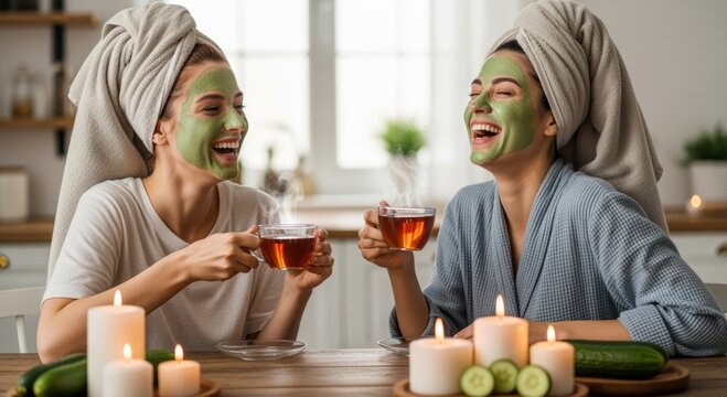 Two women enjoying spa day with face masks and tea