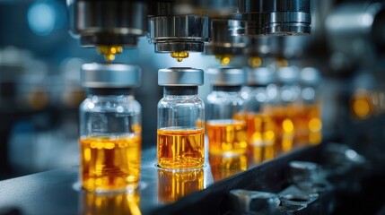 Eye-catching photo of pharma plant automated production line fills sterile vials with amber liquid. Health care industry medicine manufacturing filling equipment facility ensures.