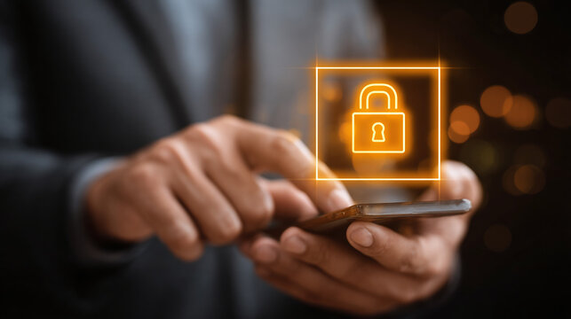 Secure mobile access: A man uses his phone with a padlock symbol displayed, emphasizing data protection and digital security while browsing online.