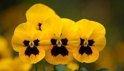 Close-up of three yellow pansies