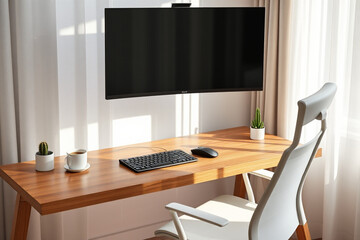 Minimalist home office desk with monitor and ergonomic chair — AI generated
