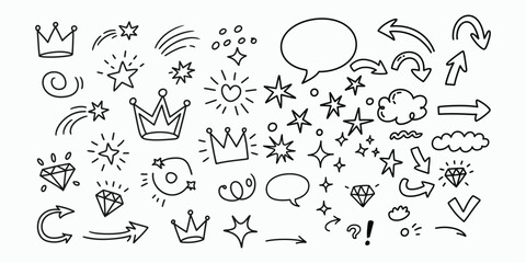 Sketch underline, emphasis, arrow shape set. Hand drawn brush stroke, highlight, underline, sparkle element. Vector illustration.