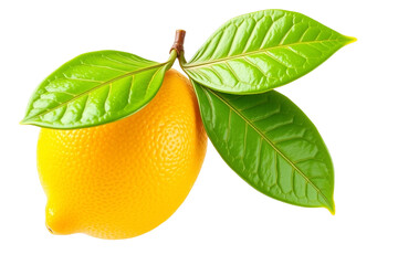 Bright yellow lemon with vibrant green leaves  isolated on a white, transparent background