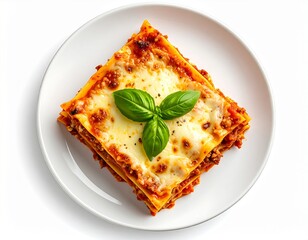 A delicious square slice of lasagna bolognese with melted cheese and fresh basil garnish on a white plate, top view.