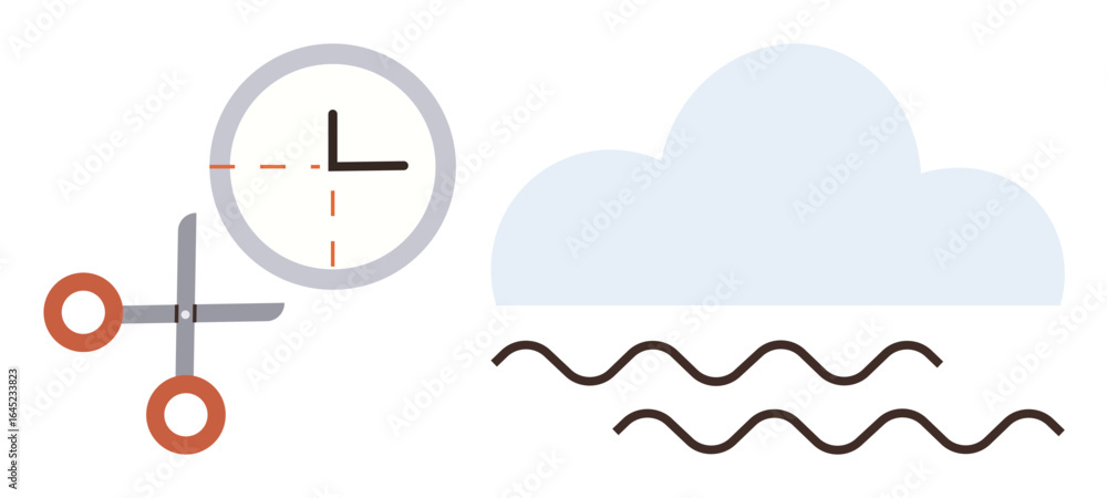 Poster scissors cutting across a clock and abstract elements thumbs up a cloud and wavy lines. ideal for ti