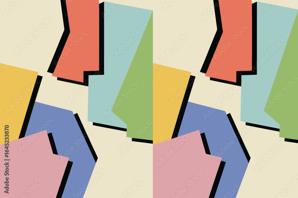 Poster abstract geometric pattern with overlapping colorful shapes and bold black outlines repeated side by