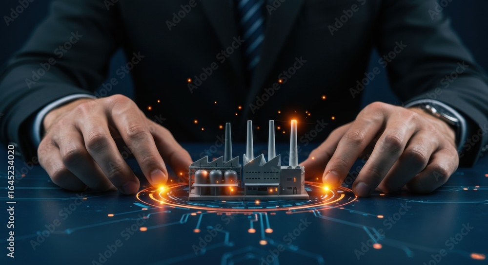 Aufkleber man's hands hover over a model factory on a glowing circuit board, symbolizing smart industry and di