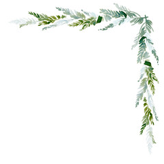 Watercolor Pine Frame Border with Winter Foliage
