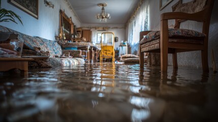 Eye-catching photo of water damage restoration process in house. Flooded interior with water covering floor. Furniture, belongings displaced. Construction equipment.