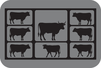 A grid of seven black cow silhouettes with a larger central cow and six smaller cows arranged around it set against a neutral gray background