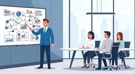 Photo of a business presentation with a team discussing charts and graphs in a boardroom, focusing on data analysis and strategic planning for growth © Shafat