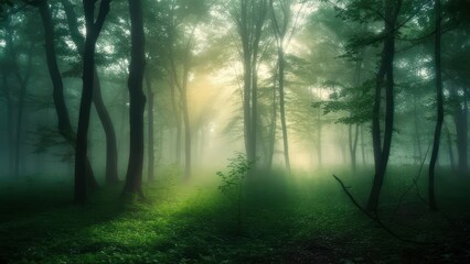 Obraz premium Ethereal Sunbeams Pierce the Morning Fog in a Verdant, Mystical Forest