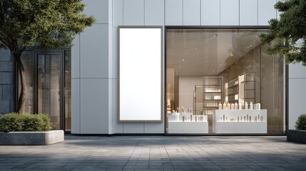 Eye-catching photo of white vertical banner fixed on pharmacy or cosmetics store window glass outside By Bonsales.