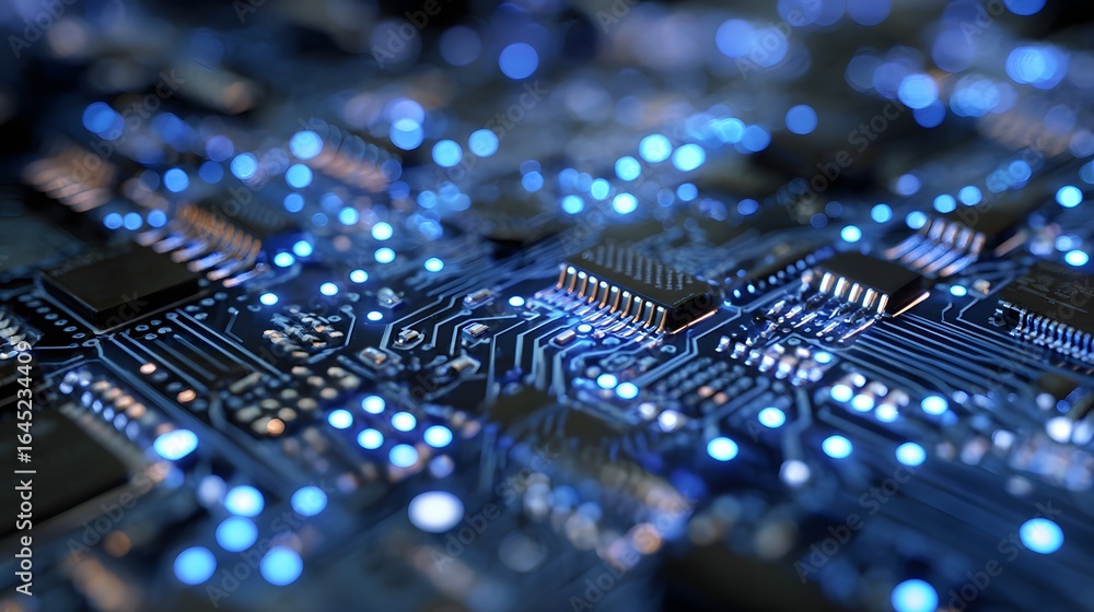 Aufkleber close-up view of illuminated circuit board components.