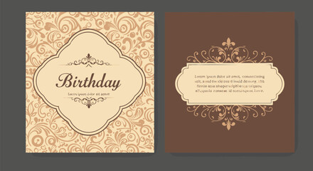 Elegant birthday invitation card template with vintage floral pattern and ornamental frame. Classic vector design for greetings and celebrations.
