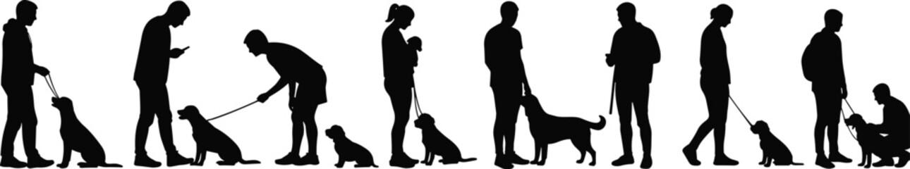 Silhouettes of People Training and Walking Dogs — Dog Obedience, Leash Training, and Pet Interaction in Various Human and Canine Poses
