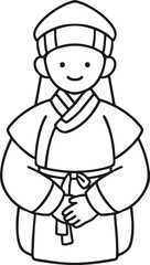 한복 입고 앉아있는 귀여운 소년 라인드로잉