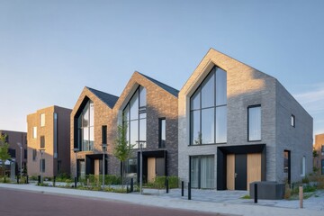 Modern residential architecture showcasing unique geometric designs and sustainable materials in a tranquil suburban setting during a clear day