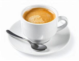 Fototapeta premium Freshly brewed espresso coffee with rich crema in a white ceramic cup and saucer with a spoon, isolated on a white background.