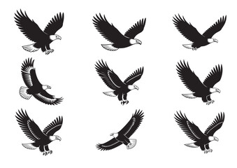 Bald Eagle flying in the sky silhouette vector Set