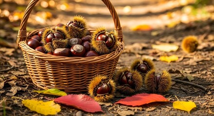 Wicker basket full of chestnuts and burrs on an autumn forest floor, symbolizing harvest and natural bounty