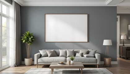 A modern, minimalist living room.Interior mockup with house background.3D render.