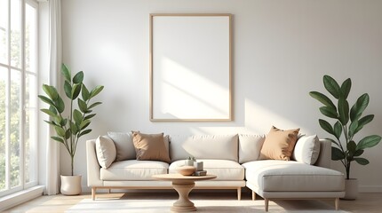 A modern, minimalist living room.Interior mockup with house background.3D render.