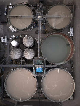 Drone aerial view of a sewage treatment plant in England