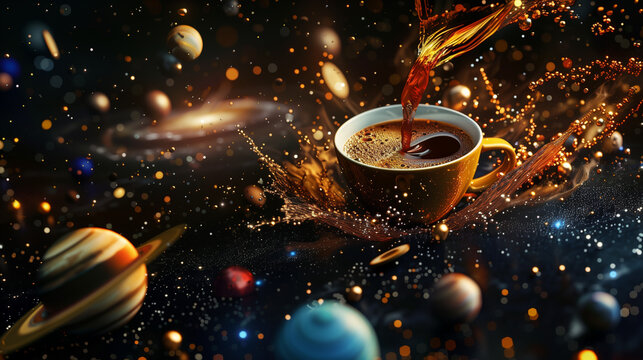 A cup of coffee spilling into a galaxy of stars and planets