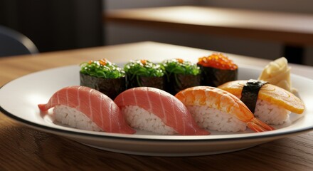 Assorted Sushi Platter with Tuna, Shrimp and Seaweed Rolls
