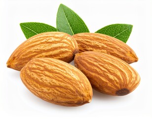A small pile of four whole almonds with their brown skins and fresh green leaves, isolated on a white background.