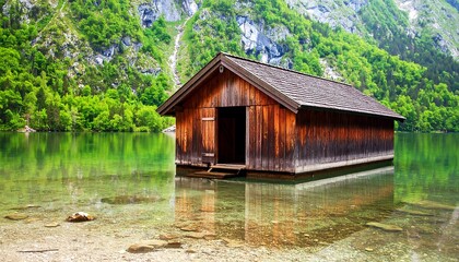 Idyllic lakeside cabin retreat reflecting on serene alpine lake water surface