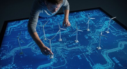 Man placing miniature wind turbine on an interactive digital circuit board. Renewable energy concept for technology development.