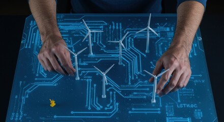 Man with wind turbine models on a glowing blue circuit board, representing green energy planning and sustainable power.
