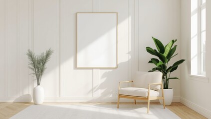 Sunlit minimalist living room corner with a tall framed picture armchair and lush green potted plants