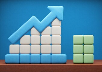 3D graphic of a rising graph, light-colored blocks, and a smaller block