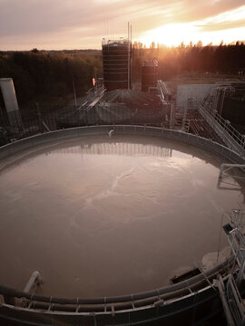 Drone aerial view of a sewage treatment plant in England